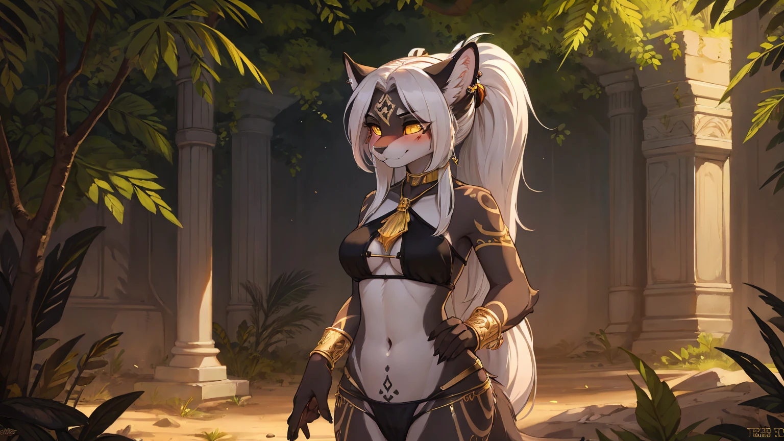 ((Best Quality, Masterpiece, perfect anatomy, detailed picture)), furry, 1woman, pantera, two tone skin, black body, gray fur, sexy, long white hair, ponytail hair, fluffy feline tail, yellow sclera, tribal tattoo, earrings, red blush, shy, in the jungle ruins, portrait, illustration, gold necklace add_detail:1 ,gold bracelet add_detail:1, piercing in the navel, its silhouette has double exposure and the universe is observed add_detail:1