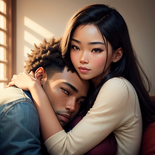 Super realistic man couple image, Age 22, beautiful african, hugging romantically looking at each other, Asian woman.