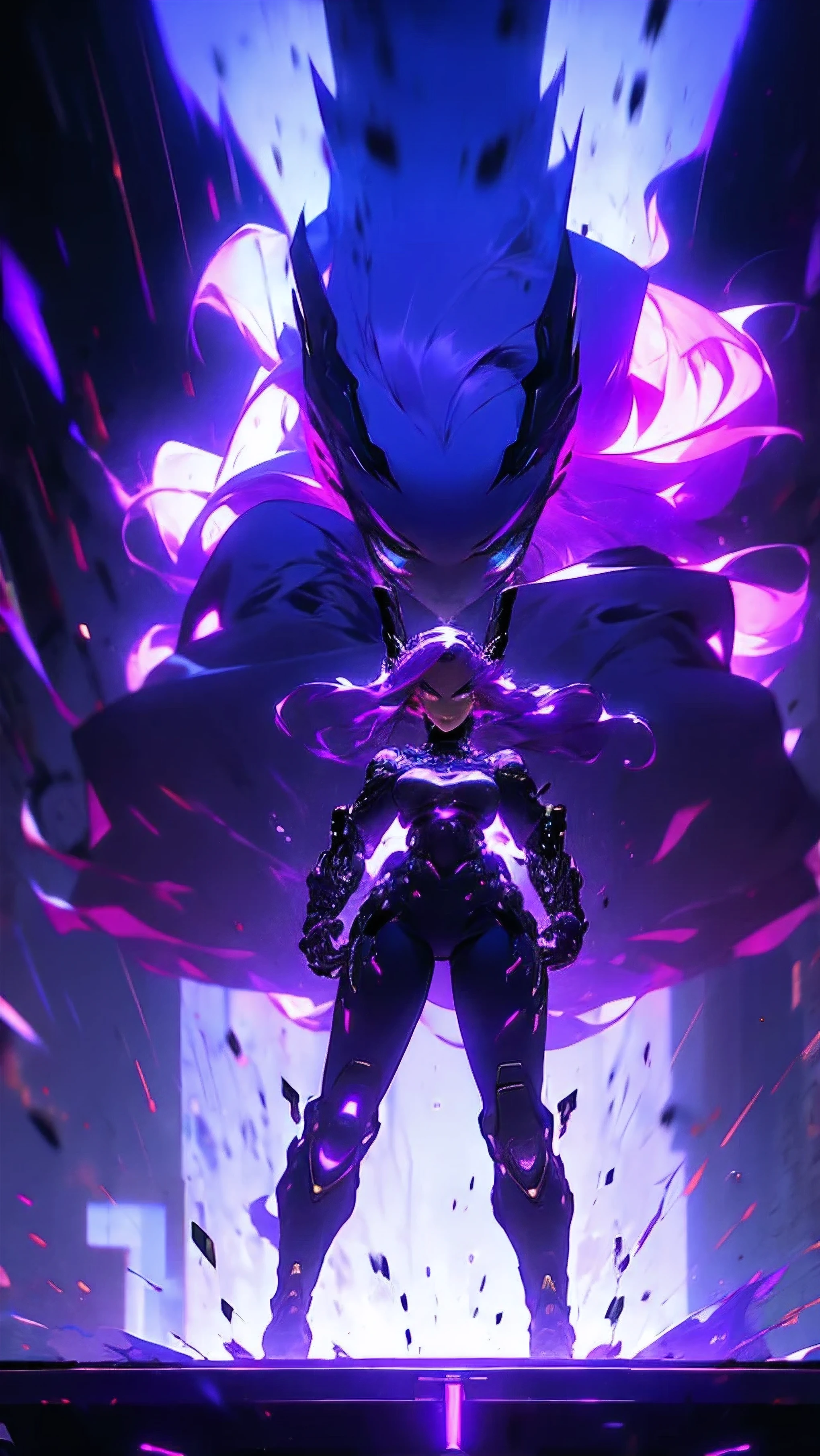 Beautiful cyber girl looking at camera, long purple hair detailed realistic masterpieces dynamic poses
