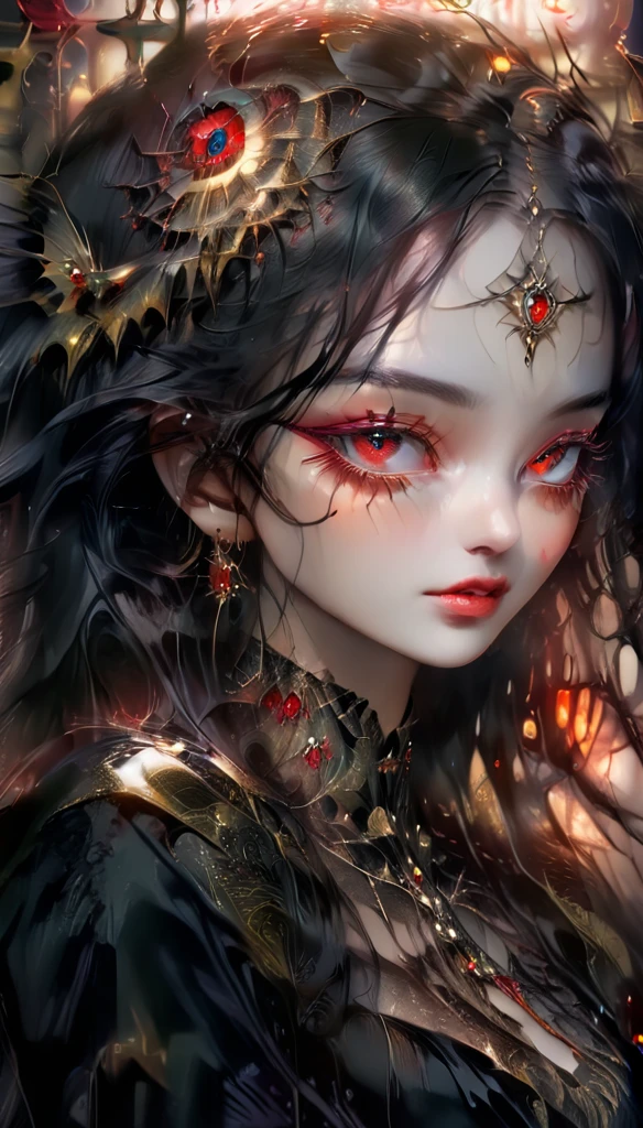 Woman (Gothic art)Beautiful black haired red eyed woman, Elegant and exquisitred eyes, Highly detailed face, Detailed eyes, beautiful long eyelashes, complicated details, Award-winning digital art, movie light, Amazing color, realistic, 8K, Masterpiece,Gothic art