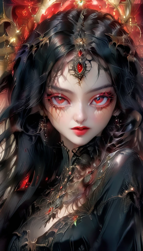  Woman (Gothic art)Beautiful black haired red eyed woman, Elegant and exquisitred eyes,  Highly detailed face, Detailed eyes, beautiful long eyelashes, complicated details, Award-winning digital art, movie light, Amazing color, realistic, 8K, Masterpiece,Gothic art