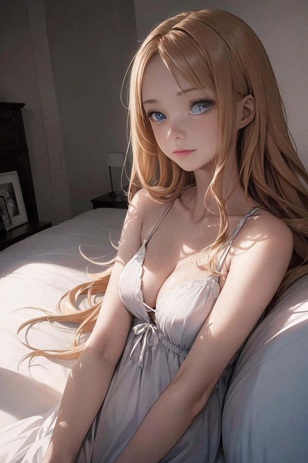 ((1 Female, 1 person, Solitary) Alice, Humanity, Long curly blond hair, blue eyes, freckle, ager, 18 years, Rebirth_ongoing) (Main Part, Super detailed, 8K, (HD, Sunlight:0.5, Soft_shadow:0.5, atmosphere_light, 8K, 4K, Surrealism, elegant, ((((Appearance)))), Soft Ton, 柔和的light))(((Dark, Chiaroscuro)))whole body,Lying in bed