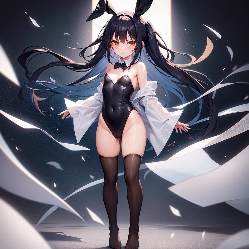(Bunny girl),(tights),(barefoot),Naked,Cute little ,Tiny ,Small girl,,Childish face, Very fine clean face,Top quality,Black Hair,(Dark Room), Subtle light, Natural light,Soft lighting,Light from directly behind, (Are standing),With bust up,Front view,Black background