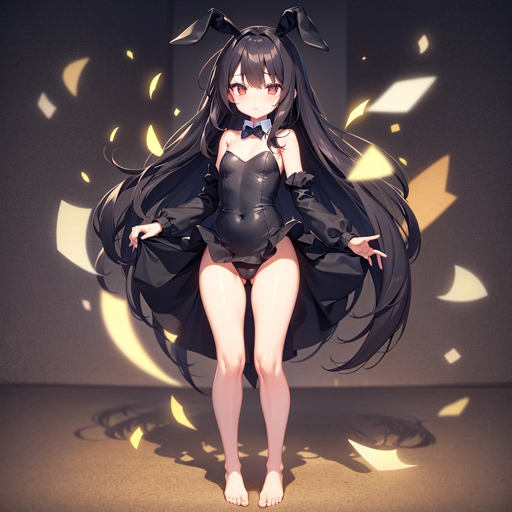 (Bunny girl),(tights),(barefoot),Naked,Cute little ,Tiny ,Small girl,,Childish face, Very fine clean face,Top quality,Black Hair,(Dark Room), Subtle light, Natural light,Soft lighting,Light from directly behind, (Are standing),With bust up,Front view,Black background