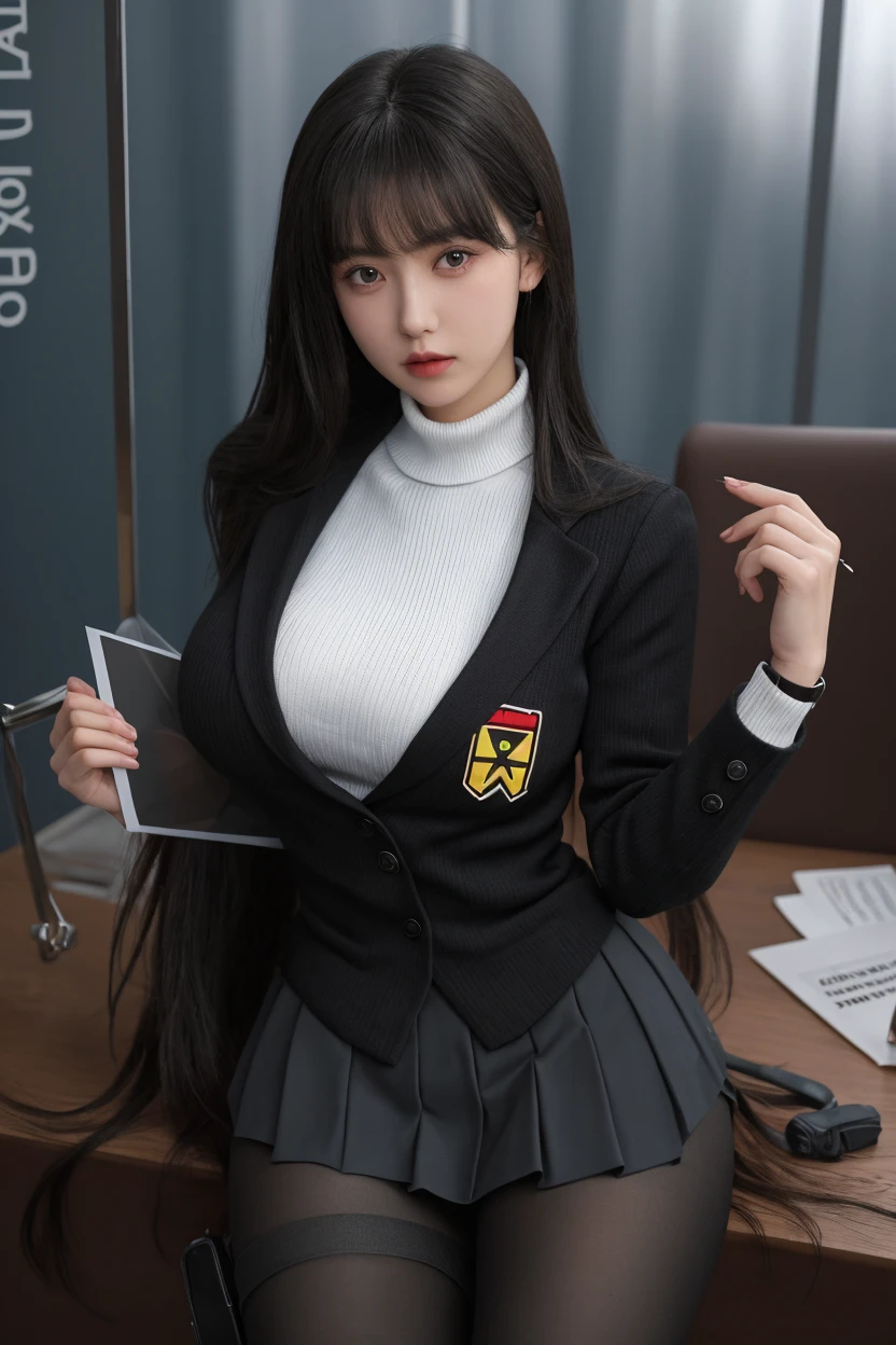 arafed asian woman in a school uniform posing in front of a blackboard, a hyperrealistic schoolgirl, wearing japanese school uniform, hyperrealistic schoolgirl, japanese girl school uniform, wearing school uniform, japanese school uniform, realistic schoolgirl, girl wearing uniform, cute schoolgirl, wearing a school uniform, jk uniform, school girl, korean girl, (1girl blue eyes light grey hair), big ass full breasts until waiting wearing, (mini sexy swinging skirt round: 1.3), varied poses.