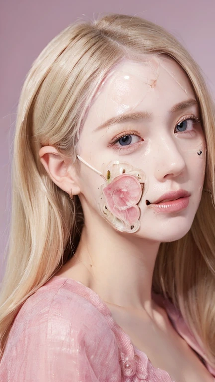 (facial portrait:1.8), a woman, pink dress, blonde, lustful
