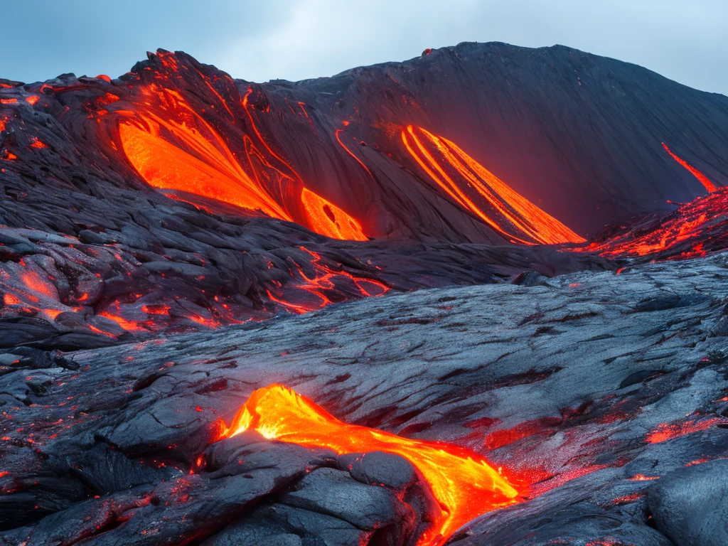 A dramatically erupting volcano spews molten lava and ash into the night sky. Fiery lava flows down the sides of the dark, mountainous landscape, illuminating the scene with vivid reds and oranges. Dense clouds of dark smoke billow from the volcano's summit, contrasting sharply with the glowing lava.Realistic, Ultra Realist, 3D Render, Photorealistic, Futuristic Realistic, High Quality, 8K , 16K
