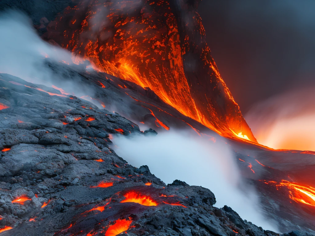 A dramatically erupting volcano spews molten lava and ash into the night sky. Fiery lava flows down the sides of the dark, mountainous landscape, illuminating the scene with vivid reds and oranges. Dense clouds of dark smoke billow from the volcano's summit, contrasting sharply with the glowing lava.Realistic, Ultra Realist, 3D Render, Photorealistic, Futuristic Realistic, High Quality, 8K , 16K
