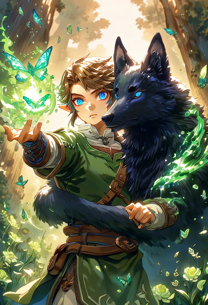 absurdres, highres, ultra detailed, HDR, master piece, best quality, extremely detailed, Link, brown hair, expressive blue eyes, The Legend Of Zelda Twilight Princess, sexy man hugging a black wolf, handsome, green tunic, magical, fantasy, magic, green fire, forest, glittering, green butterflies, green petals, green flowers