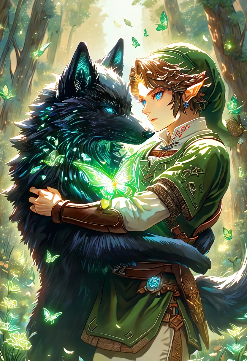 absurdres, highres, ultra detailed, HDR, master piece, best quality, extremely detailed, Link, brown hair, expressive blue eyes, The Legend Of Zelda Twilight Princess, sexy man hugging a black wolf, handsome, green tunic, magical, fantasy, magic, green fire, forest, glittering, green butterflies, green petals, green flowers