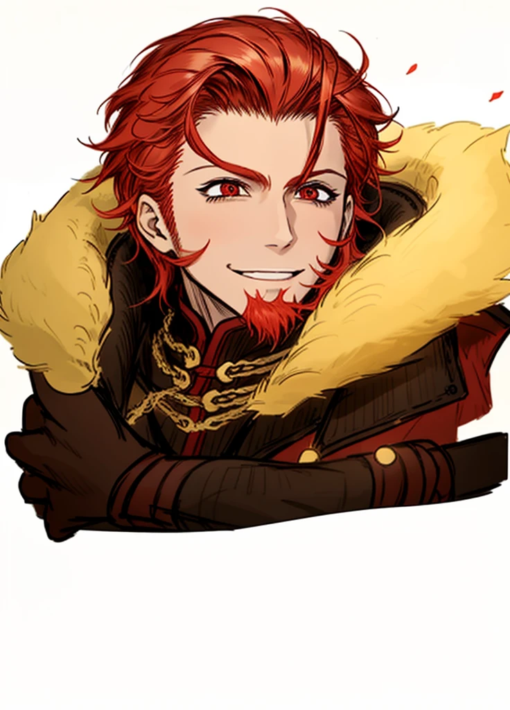 1boy, red eyes,red hair, gladiator, red cape, golden coat, nice clothes, (high resolution, high detail, best quality), 
black background, iskandar, macedonian, muscular man, cheerful, smiling, tanned skin