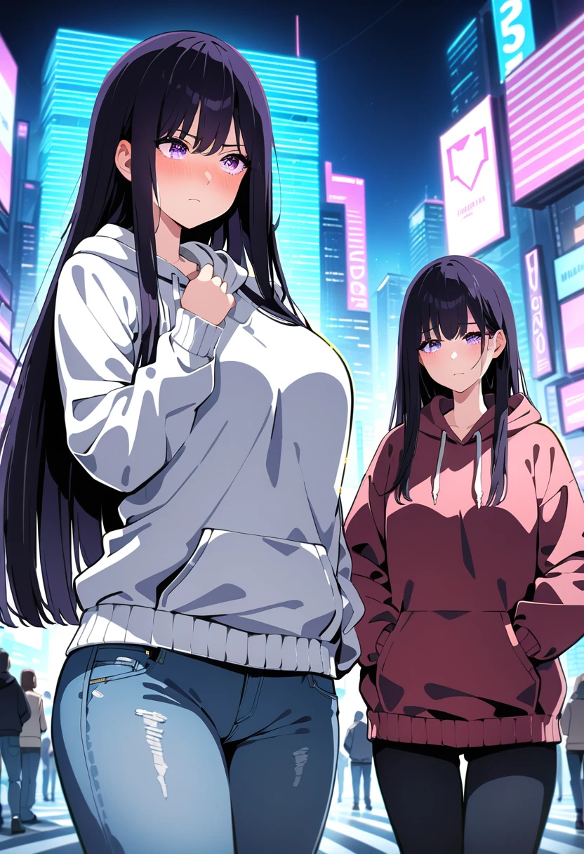 (masterpiece:1.37), best quality, (extremely detailed:1.37), woman, mature, adult, large breasts, very long hair, (straight hair:1.5), dark purple hair, purple eyes, (extremely detailed eyes:1.37), hoodie, jeans, desperation, (wetting: self 3.0), standing, embarrassed, humiliation, blushing, angry, city, futuristic, neon lighting, high-tech, street