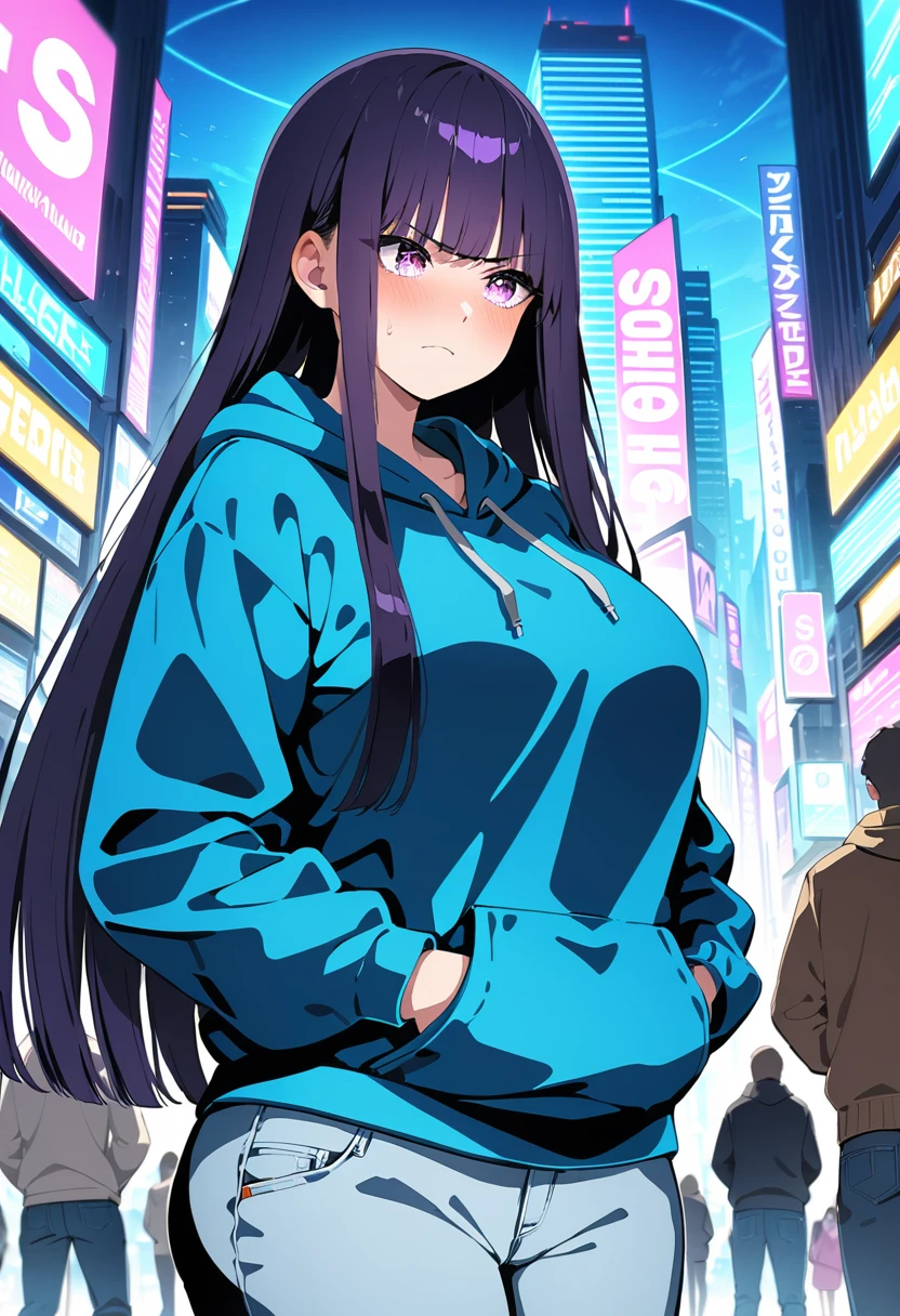 (masterpiece:1.37), best quality, (extremely detailed:1.37), woman, mature, adult, large breasts, very long hair, (straight hair:1.5), dark purple hair, purple eyes, (extremely detailed eyes:1.37), hoodie, jeans, desperation, (wetting: self 3.0), standing, embarrassed, humiliation, blushing, angry, city, futuristic, neon lighting, high-tech, street