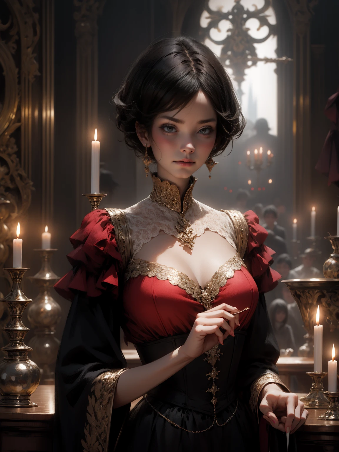 {-erro_de_anatomia:1.0} woman 30 years old, black victorian dress, brown eyes, black hair, short hair, bang, 1968s style, on the saloon, baile, looking at viwer, upper body, dark background, candles, witchcraft, dinamic poses, magic, potions, wearing red lipstik