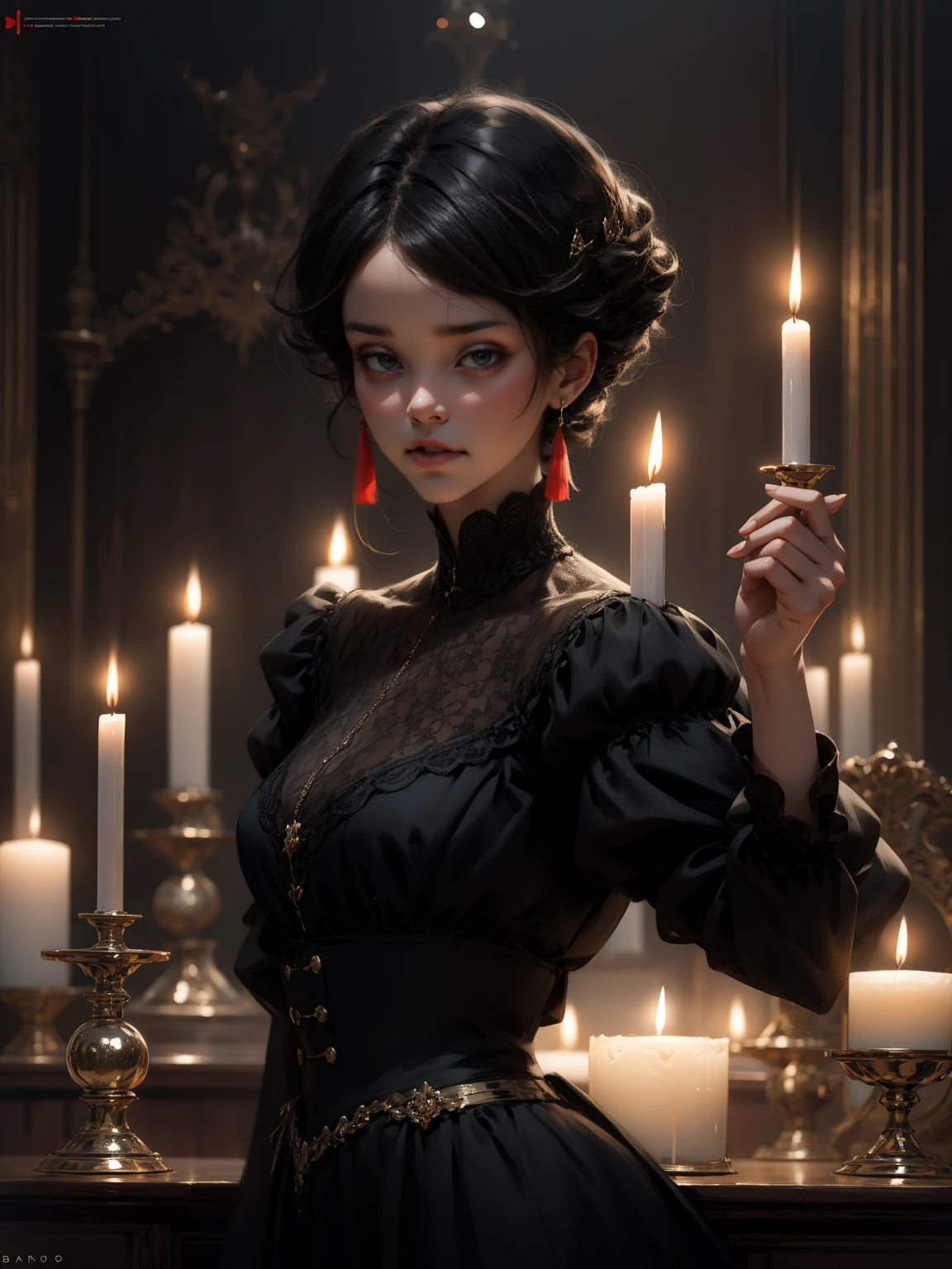 {-erro_de_anatomia:1.0} woman 30 years old, black victorian dress, brown eyes, black hair, long hair, bang, 1968s style, on the saloon, baile, looking at viwer, upper body, dark background, candles, witchcraft, dinamic poses, magic, potions, wearing red lipstik
