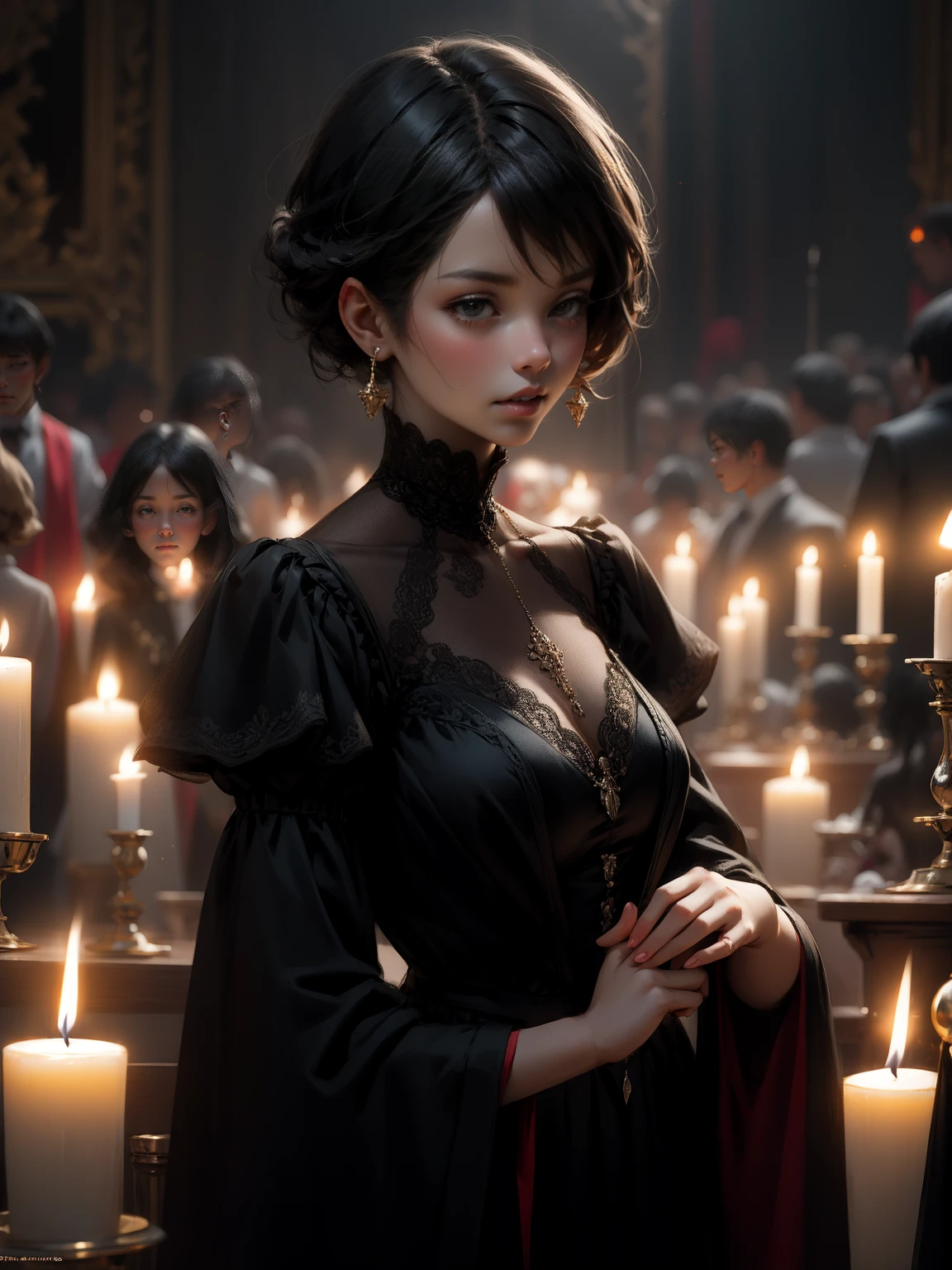 {-erro_de_anatomia:1.0} woman 30 years old, black victorian dress, brown eyes, black hair, short hair, bang, 1968s style, on the saloon, baile, looking at viwer, upper body, dark background, candles, witchcraft, dinamic poses, magic, potions, wearing red lipstik