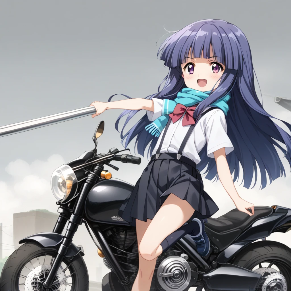 score_9, score_8_up, score_7_up, score_6_up, source_anime,,,,1girl, solo, furude rika, (tween:1), kawaii, blue hair, purple eyes, long hair, blunt bangs, bangs, simple background, white background, bow, skirt, shirt, suspenders, smile, short sleeves, pleated skirt, white shirt, open mouth, red bow, ^_^, suspender skirt, , black skirt, collared shirt, blush, bowtie, blunt bangs, dress shirtt, , anime screencap, anime coloring.serious,(a girl riding a motorcycle at full speed:1.3),(from side:1),(only one leg is visible:1.3),(wearing warm scarf on neck:1.2),(looking aside:1.2),(serious expression:1.1)