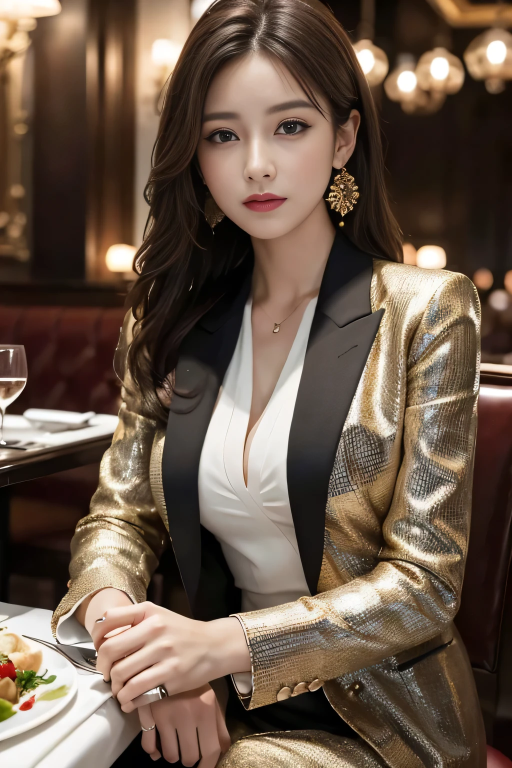 masterpiece, Highest quality, Realistic, Very detailed, Finer details, High resolution, 8k wallpaper, One beautiful woman, Wear a nice suit, In a great restaurant, At night, Light brown messy hair, Perfect dynamic composition, Beautiful and beautiful eyes、Big earrings、Sit on a chair、