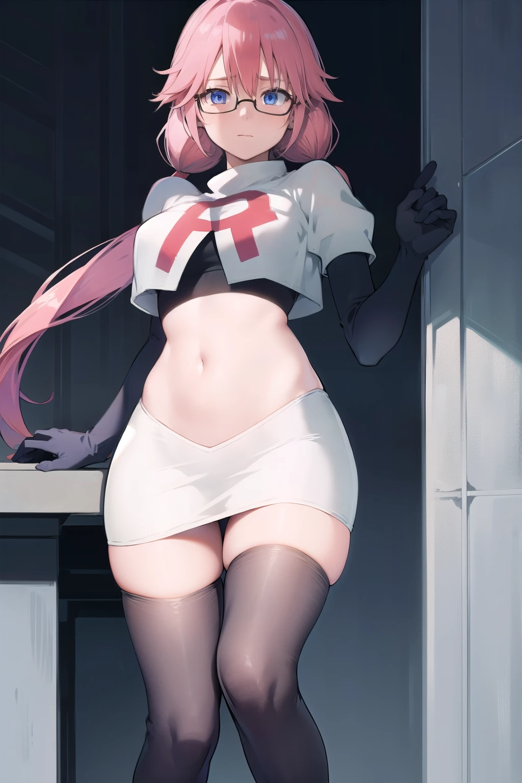 airisakura, airi sakura, blue eyes, glasses, long hair, pink hair, (low twintails:1.5),
BREAK glasses, team rocket,team rocket uniform,white skirt,red letter R,crop top,black thigh-highs,black elbow gloves,
BREAK looking at viewer, 
BREAK (masterpiece:1.2), best quality, high resolution, unity 8k wallpaper, (illustration:0.8), (beautiful detailed eyes:1.6), extremely detailed face, perfect lighting, extremely detailed CG, (perfect hands, perfect anatomy),