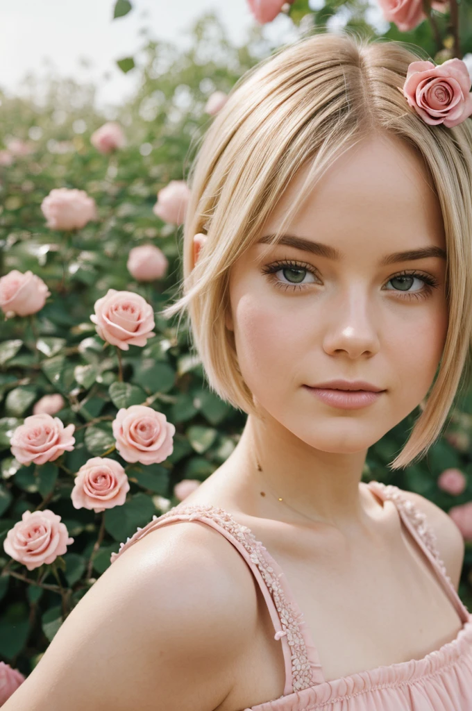 8k, photo and gross, fujifilm, Style photography of a beautiful young girl like Avril in a light pink rose garden. (very detailed skin: 1.2) Style-Petal BREAK short hair, blonde hair with colored highlights, wearing a dress, film grain, 35mm, beautiful style