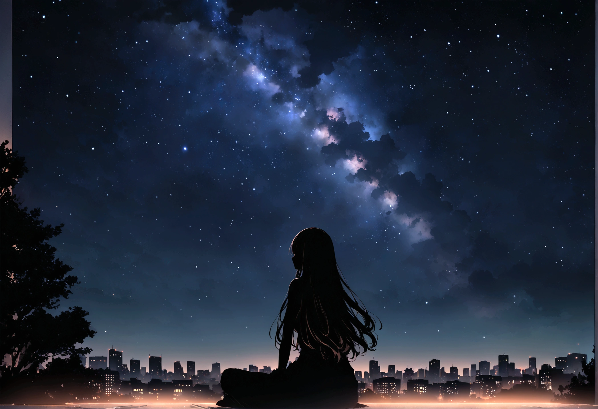 masterpiece, octane, sky, stars (sky), scenery, starry sky, night, one girl, night sky, alone, outdoors, buildings, clouds, milky way, sitting, trees, long hair, city, silhouette, city scape,masterpiece,32k