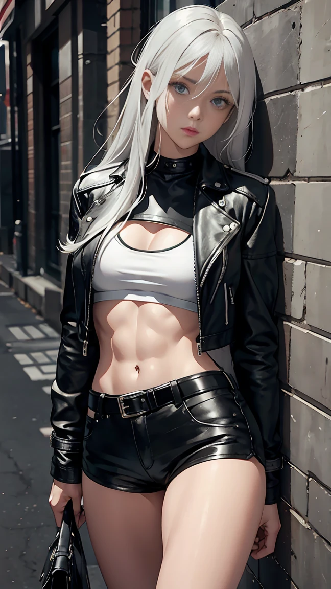 overhead view, 1 woman, leather short shorts, leather jacket, silver hair, long hair, wide hips, leaning to the side, street, abs