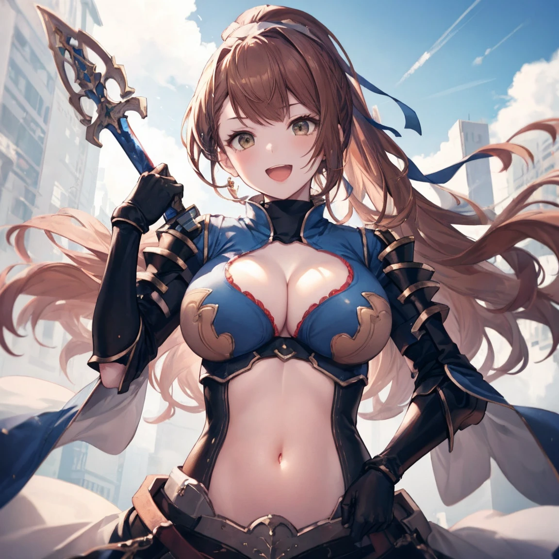 masterpiece, best quality, defbeatrix, ponytail, hair ribbon, gauntlets, blue shirt, gloves, cleavage cutout, from below, looking at viewer, big_smile, large breasts, sky ,,happy,covered_nipples,young_,open_mouth,shout,full_of_beans,dynamic_posing, fighting,1long_sword,laugh,portrait,bust_up_shot,(focus_face:1.3)