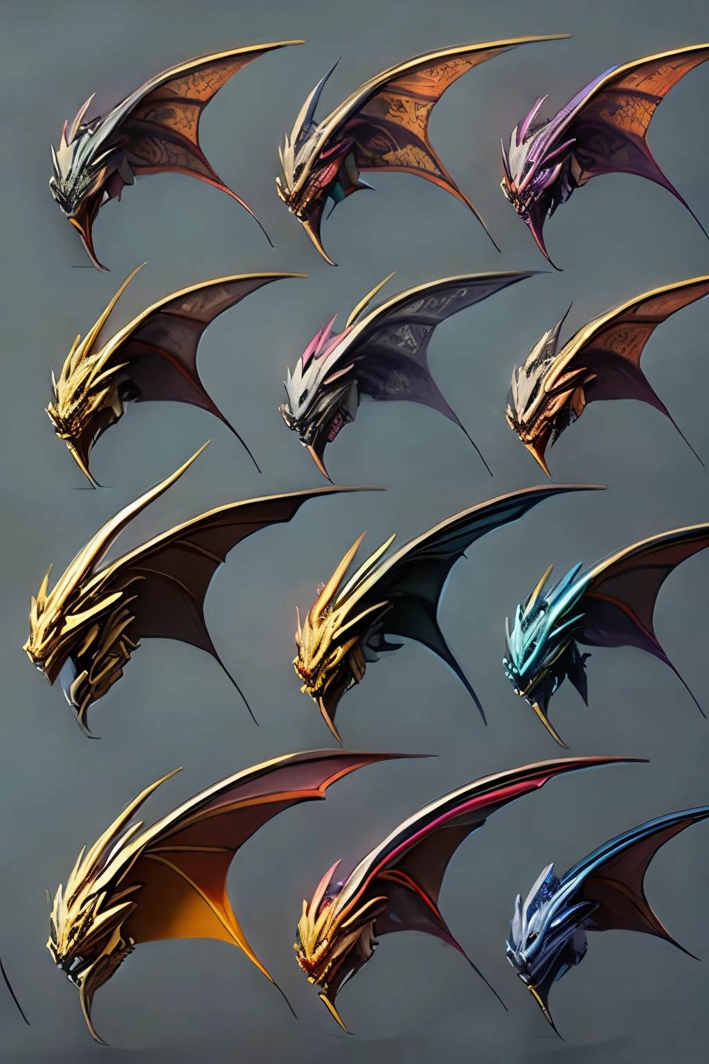 conceptual style sheet of VARIOUS DRAGON WINGS in different viewing angles, finished with a mix of styles, mechs, comix and dreamworks STUDIO