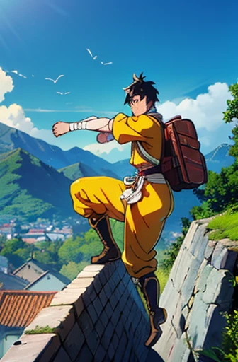 Create an image of a character dressed in a Tai Chi Chuan fighter-style outfit in yellow, with black details. He wears bandages on his wrists and has black hair., anime-style goosebumps. He is wearing Japanese-style boots.. The character carries a katana sword and another large broadsword strapped to his leather backpack.. Ao fundo, there is an image of a small old village, on a sunny day with a clear blue sky and towering mountains on the horizon.