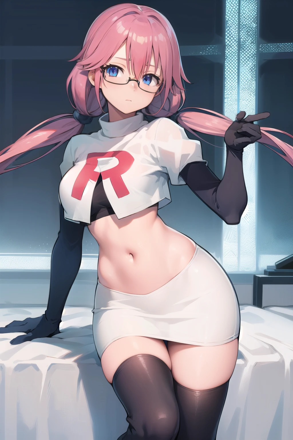 airisakura, airi sakura, blue eyes, glasses, long hair, pink hair, (low twintails:1.5),
BREAK glasses, team rocket,team rocket uniform,white skirt,red letter R,crop top,black thigh-highs,black elbow gloves,
BREAK looking at viewer, 
BREAK (masterpiece:1.2), best quality, high resolution, unity 8k wallpaper, (illustration:0.8), (beautiful detailed eyes:1.6), extremely detailed face, perfect lighting, extremely detailed CG, (perfect hands, perfect anatomy),