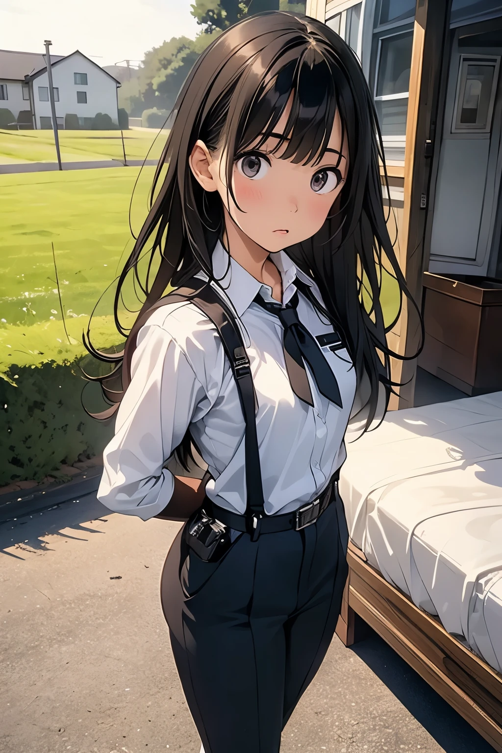 high quality, masterpiece, Ultra-high resolution, (realism: 1.4), Oil painting style, Cinema Lighting, An endless grassland dotted with a few houses, I stood on the empty asphalt road and looked at it., Fairy Mountain々was shrouded in mist, And the suspenders with the cranes flying Moderate breasts Small face holster Lying in bed Looking up Sweat belt summer 脇Sweat Black Hole Gloves suit shirt Black jacket Black trousers Leg Links ズボンにbelt holster Hands behind your back Anxious expression Looking up Anxious face