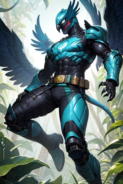 ((best quality)), ((masterpiece)), (detailed), 1 man, full body, 25 years old, masked, blue mask, blue head, uncovered mouth, biker helmet, blue helmet, parrot helmet, black neck, tall, thin, black beak, black details, a green parrot with a blue head on his side, metallic wings, wings on his arms, blue fingerless gloves, blue wristbands, luminous blue wings shooting lasers, blue suit resembling light armor, blue suit with an emblem, entirely green chest, emblem on his chest, green pants, deployable bird tail, metallic feathers, gray knee pads, metallic gray boots, metallic bird claws, black superhero belt, flying through the jungle, midday jungle background, anime