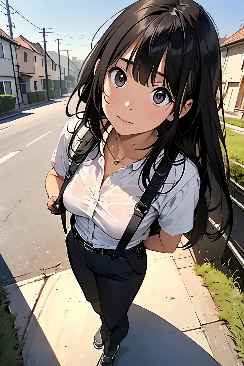 high quality, masterpiece, Ultra-high resolution, (realism: 1.4), Oil painting style, Cinema Lighting, An endless grassland dotted with a few houses, I stood on the empty asphalt road and looked at it., Fairy Mountain々was shrouded in mist, And the suspenders with the cranes flying Moderate breasts Small face holster Lying in bed Looking up Sweat belt summer 脇Sweat Black Hole Gloves suit shirt Black jacket Black trousers Leg Links ズボンにbelt holster Hands behind your back Anxious expression Looking up Anxious face