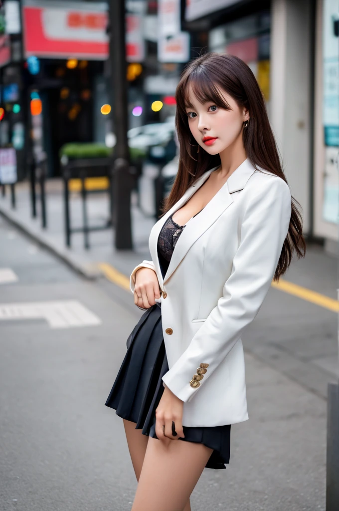 a 19 year old girl, she is the most beautiful actress in the world, the perfect body proportions of this girl, the blazer on the formal shirt that's clothed on her upper body including it's large breasts, her crotch area of the panties are hardly hidden by short skirt, her bare legs, it's just front of her body in this photo, it from head to her shins are hardly within this photo space, the lower than her shins are out of photo space, she is standing straight at the street, nsfw, best quality, highly detailed, masterpiece, ultra high res, photo realistic, 8k, RAW photo