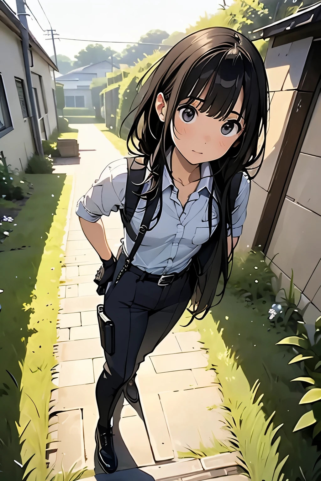 high quality, masterpiece, Ultra-high resolution, (realism: 1.4), Oil painting style, Cinema Lighting, An endless grassland dotted with a few houses, I stood on the empty asphalt road and looked at it., Fairy Mountain々was shrouded in mist, And the suspenders with the cranes flying　　　Moderate breasts　 　 　　　　Small face　 　　　holster　　　　　　　 Lying in bed　Looking up　　　　Sweat 　　　belt　summer　脇Sweat 　Black Hole Gloves　suit　shirt　　Black jacket　 Black trousers　Leg Links　ズボンにbelt　　holster　 　　Hands behind your back　 Anxious expression　Looking up　Anxious face