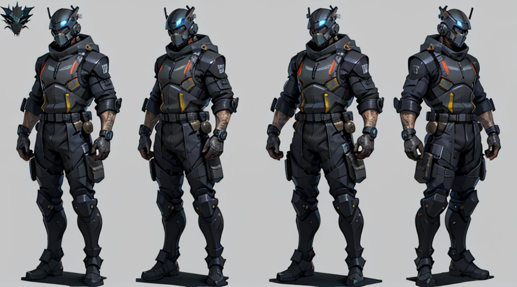 Character design sheet、male、Black combat uniform、Body Armor、Powered Suit、Full Face Mask、cyber punk