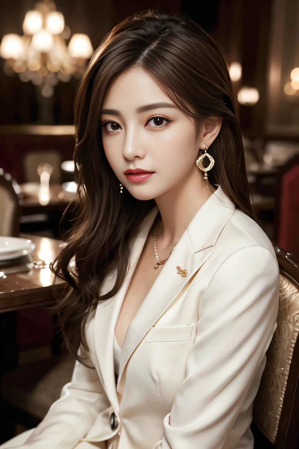 masterpiece, Highest quality, Realistic, Very detailed, Finer details, High resolution, 8k wallpaper, One beautiful woman, Wear a nice suit, In a great restaurant, At night, Light brown messy hair, Perfect dynamic composition, Beautiful and beautiful eyes、Big earrings、Sit on a chair、