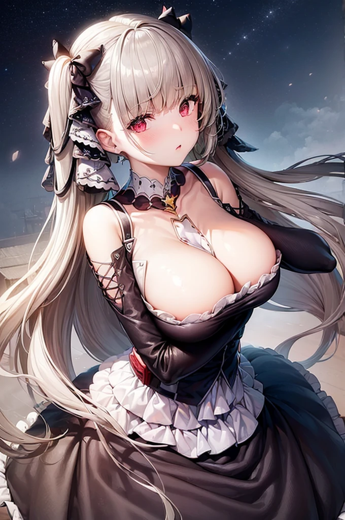 ((dress_default, terrific_default)):1.5,((独奏, 1girl)) ((masterpiece,Highest quality,Highly detailed images,Beautiful images、Realistic、Dutch Angle)), (Bright lighting overall、Backlight、A fantastic atmosphere、Thick Fog、Dust flutters),(Dynamic pose、Looking up、Beautiful cleavage、large breasts)1.2, ((Beautiful starry sky:1.5、Rooftop:1.2))((Lift your chest with your arms))、Black sleeves
