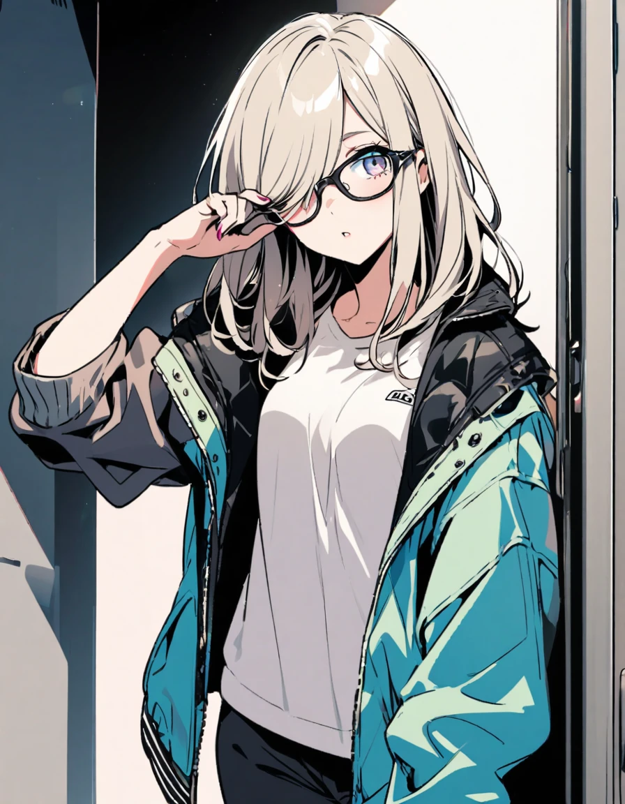 diagonal, bright、Glasses、woman、Jacket、Hiding one eye、stylish