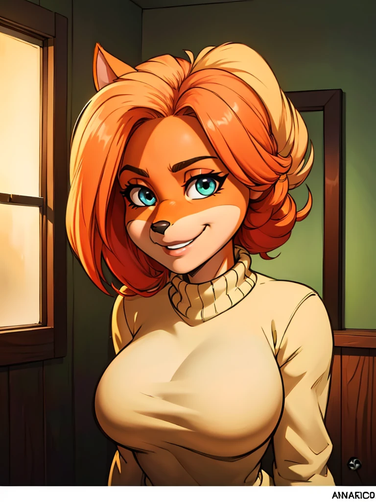 (best quality,4k,highres),(realistic:1.37),ultra-detailed,(vivid colors),furry anthro bandicoot girl, redhead, wearing a sweater,beautiful face,detailed eyes,smiling,soft lighting, darkness sexy character ,