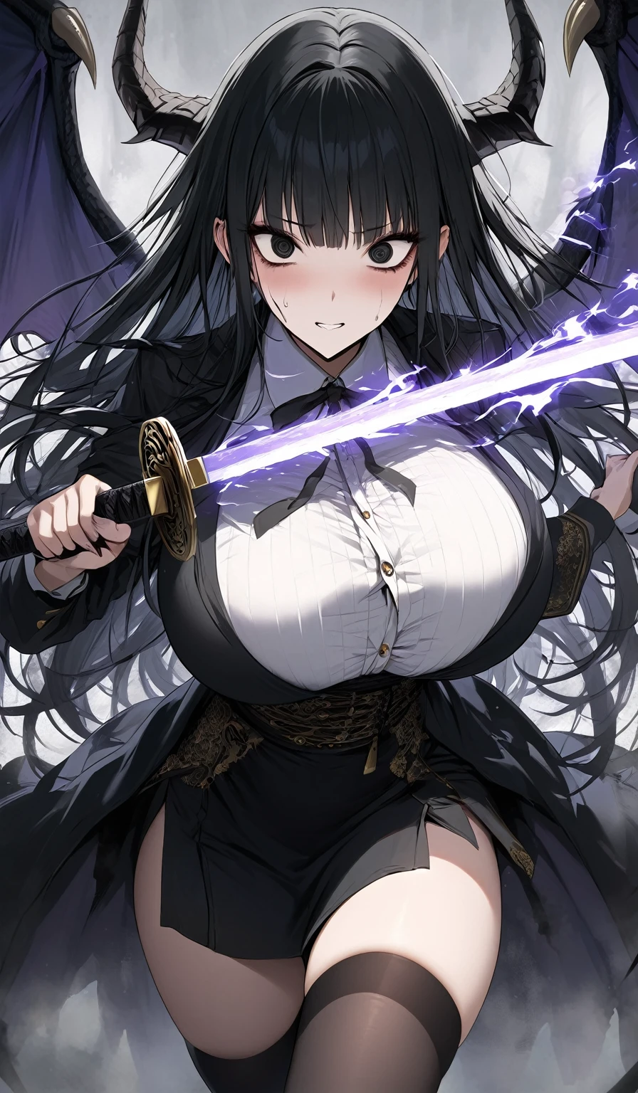 Masterpiece, very detailed, ultra detailed, one, (1 woman), Photo of a woman in a short yukate with gold accents and black stockings, with a black katana in her hands an aura of horror, with black eyes, long black straight hair and straight bangs, with huge breasts, she with black demonic horns and black dragon wings, around her an aura of horror and murder
