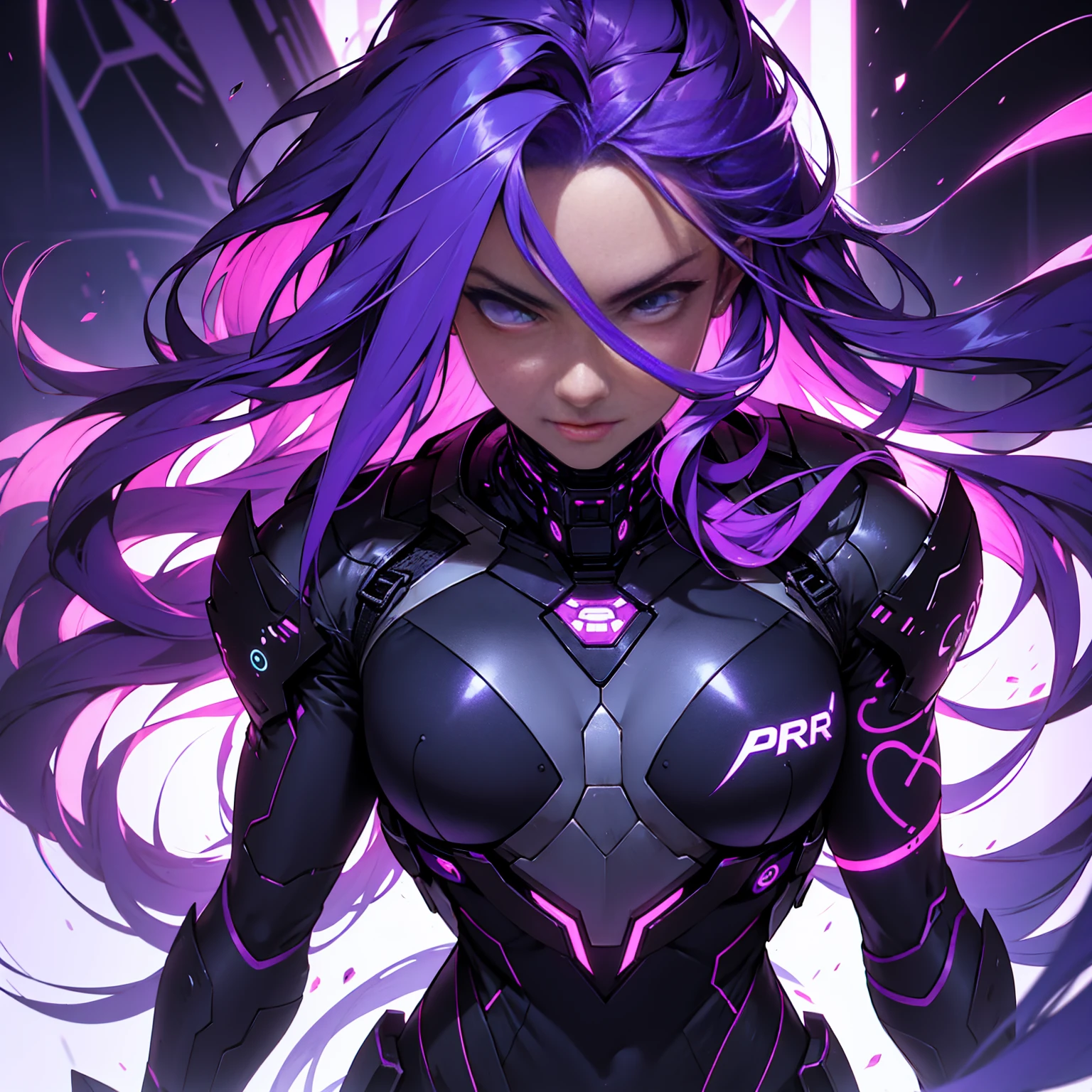 Beautiful cyber girl looking at camera, long purple hair detailed realistic masterpieces dynamic poses
