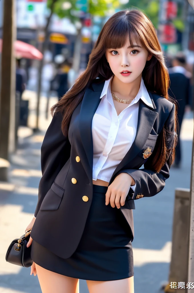 a 19 year old girl, she is the most beautiful actress in the world, the perfect body proportions of this girl, the blazer on the formal shirt that's clothed on her upper body including it's large breasts, her crotch area of the panties are hardly hidden by short skirt, her bare legs, it's just front of her body in this photo, it from head to her shins are hardly within this photo space, the lower than her shins are out of photo space, she is standing straight at the street, nsfw, best quality, highly detailed, masterpiece, ultra high res, photo realistic, 8k, RAW photo