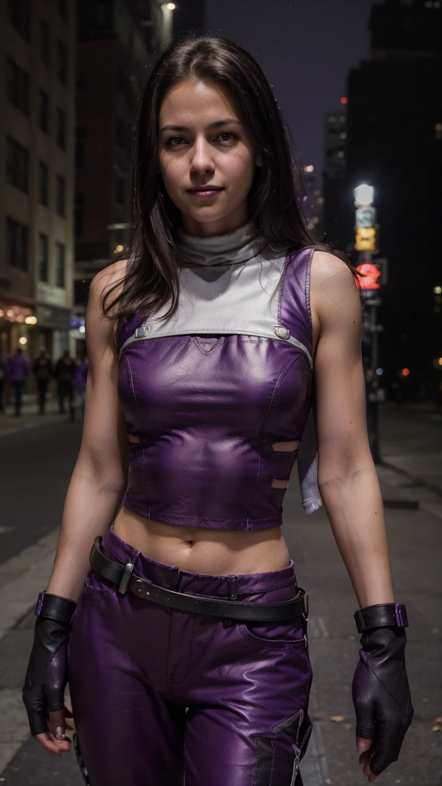 (masterpiece), (photorealistic1.4), (1 girl), (solo), (best quality), (epiCRealLife), (Kate Bishop long hair), (sleeveless top), (kateb2023 black utility belt), (kateb2023 purple costume), (purple pants) (kateb2023 purple sleevless bodysuit), (kst3w),(white scarf), bare shoulder), (night time), (black boot), (elbow gloves), (abs), (flash photography), (flashphoto), (cowboy shots), (outdoor), (street of new york), (at night), (look at viewers),(light smile)