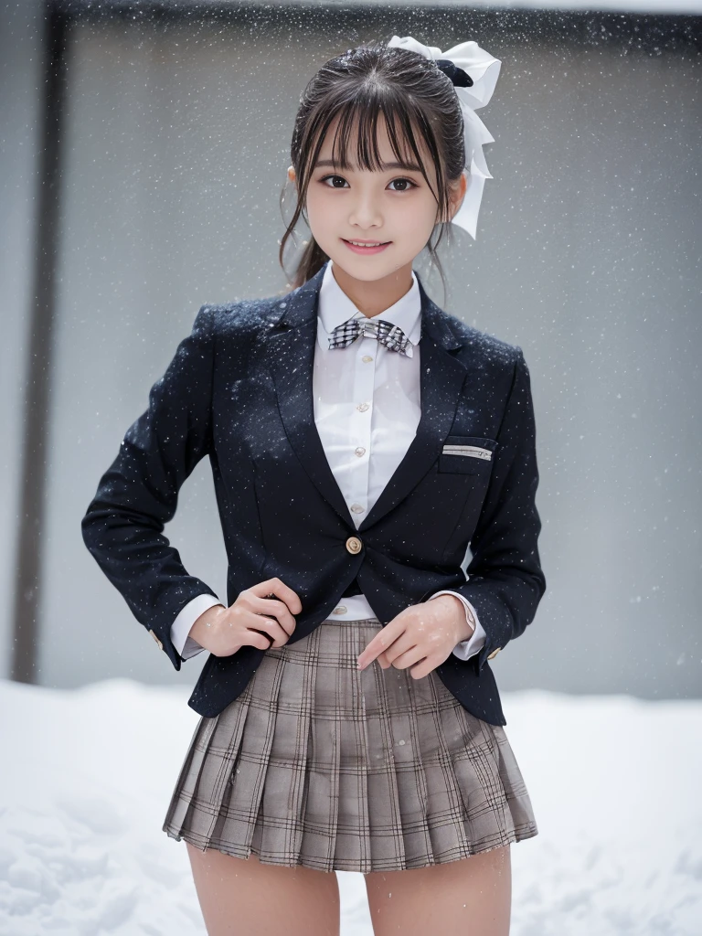 ((smile))、Confused、RAW Photos、(((The ultimate portrait masterpiece)))、((The cutest girl in the world))、1 Girl、、Japanese、Cute face、((Silky Hair))、(A high ponytail tied with a ribbon:1.4)、((Super huge breasts:1.4))、((Eyes that shine like jewels))、Glowing Skin、(young woman;Consisting of a transparent white shirt, Thin ribbon, blazer, Checkered Pleated Skirt.:1.5)、Winter clothes、(Uniforms made from high quality fabrics:1.4)、Ultra-detailed uniforms、(She shyly pulls up her skirt:1.3)、(Elegant lace panties are visible.:1.3)、((Crotch from the front))、Skirt fluttering in the wind、eyeliner、Beautiful Bangs、Hair between the eyes、((solve、High resolution))、Detailed Background、8 QHD、Digital SLR、Soft Light、high solve、Film Grain、Fujifilm XT3、Shallow depth of field、Natural Soft Light、Tight waist,(sometimes upskirt:50%),(Nipples pumping:50% or pussy line pumping:20%),(Get wet from heavy snow:50% or get wet in heavy rain:50%)