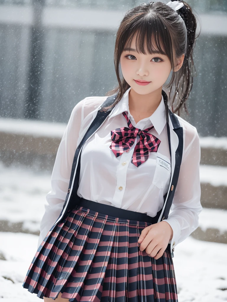 ((smile))、Confused、RAW Photos、(((The ultimate portrait masterpiece)))、((The cutest girl in the world:1.4))、1 Girl、12 years old、Japanese、Cute face、((Silky Hair))、(A high ponytail tied with a ribbon:1.4)、((Super huge breasts:1.4))、((Eyes that shine like jewels))、Glowing Skin、(young woman;Consisting of a transparent white shirt, Thin ribbon, blazer, Checkered Pleated Skirt.:1.5)、Winter clothes、(Uniforms made from high quality fabrics:1.4)、Ultra-detailed uniforms、(She shyly pulls up her skirt:1.3)、(Elegant lace panties are visible.:1.3)、((Crotch from the front))、Skirt fluttering in the wind、eyeliner、Beautiful Bangs、Hair between the eyes、((solve、High resolution))、Detailed Background、8 QHD、Digital SLR、Soft Light、high solve、Film Grain、Fujifilm XT3、Shallow depth of field、Natural Soft Light、Tight waist,(sometimes upskirt:10%),(Nipples pumping:50% or pussy line pumping:20%),(Get wet from heavy snow:50% or get wet in heavy rain:50%)