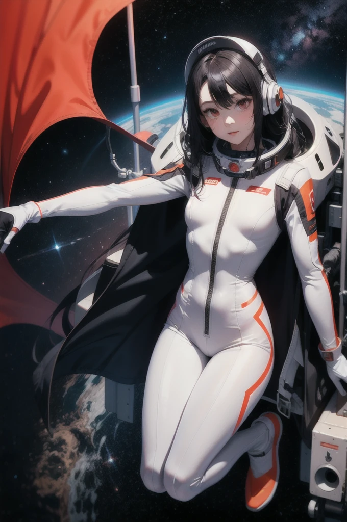 1girl, Small breasts, cute, Beautiful attention to detail, Shiny Hair, See through the hair, Hair between the eyes, CCCP Poster, Soviet Post, red monochrome, Soviet posters, soviet union, Communism, Black Hair, Red eyes, vampire ,girl,Small breasts,Spacesuit:orange_clothing_body:Jumpsuit ), white_gloves, white_Space shoes, white_Helmet, CCCP scarlet letters on the top of the Helmet, no gravity, Side light, reflection, the person in the Spacesuit is at the bottom left of the picture, Right handを伸ばした, Right hand:Gently touch the Salyut space station), Space station in the upper right corner of the screen, 太陽のreflection光, silver metal, Red Flag, shine, Soviet style, diffuse reflection, metal texture, The blue earth seen in the distance, mecha style, Sea of stars, Eye-catching, Majestic