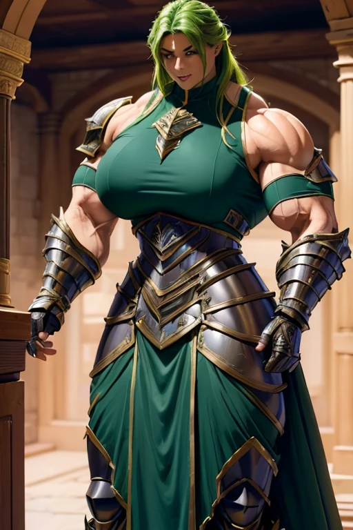 ((((Massive, tall, beautiful, buff, muscular brown skinned female gladiator with green hair, ginormous bulky muscles, holding a sword and shield and wearing an all green gleaming gladiator armor and pleated skirt)))), (close view), black eyeliner, massive muscles, massive biceps, hyper muscle triceps, (long curvy hair), orange eyes, gladiator boots, In a Roman city, steel gladiator armor, armor breastplate, nighttime, confident smile, (hyper muscles arms), hyper muscle legs, (ginormous arms)