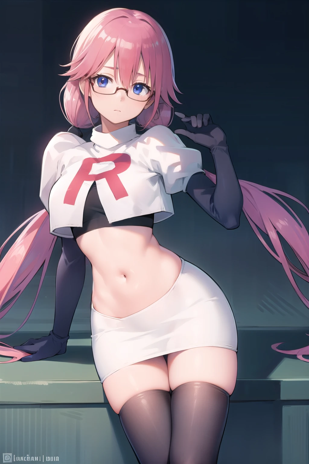 airisakura, airi sakura, blue eyes, glasses, long hair, pink hair, (low twintails:1.5),
BREAK glasses, team rocket,team rocket uniform,white skirt,red letter R,crop top,black thigh-highs,black elbow gloves,
BREAK looking at viewer, 
BREAK (masterpiece:1.2), best quality, high resolution, unity 8k wallpaper, (illustration:0.8), (beautiful detailed eyes:1.6), extremely detailed face, perfect lighting, extremely detailed CG, (perfect hands, perfect anatomy),