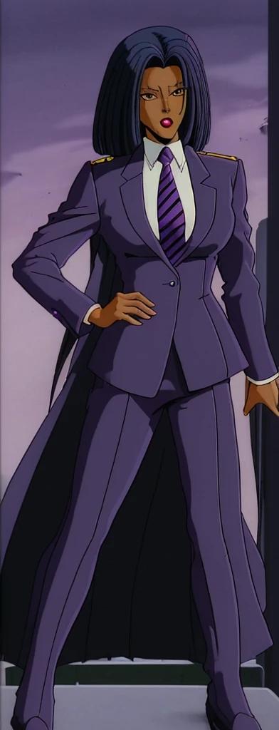 90s style skinny Anime Evil black skinned business woman in a purple military skirt suit with a tie on